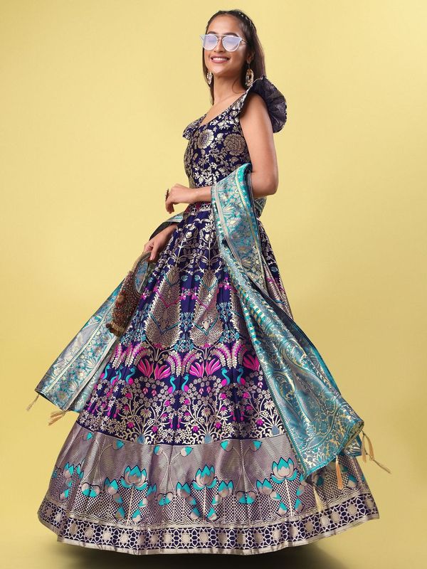 Women Blue Jacquard Lehenga