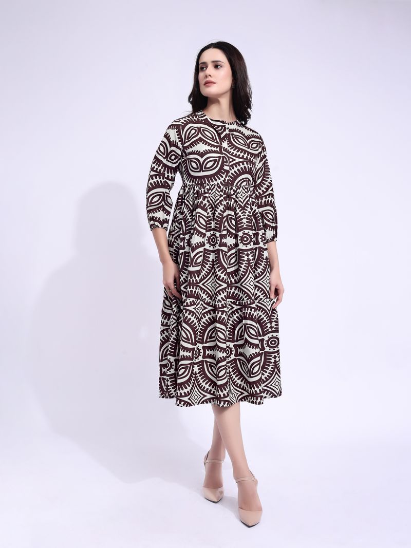 Women's Beige Fit & Flared Midi Puff Sleeve Dress