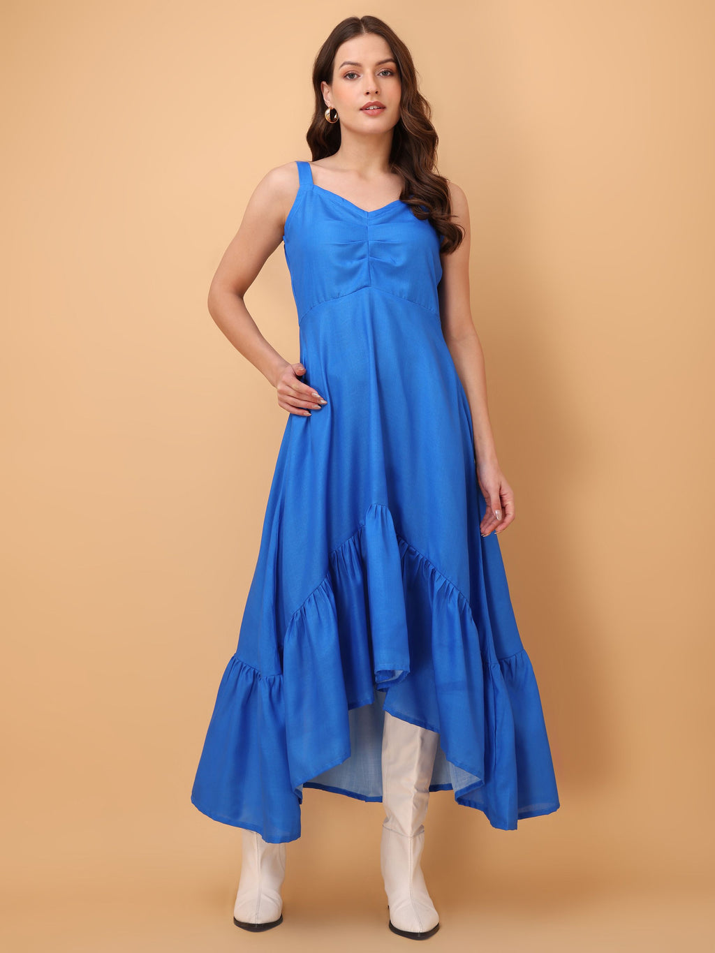 Women Ruffle/Fit & Flare Midi Blue Dress