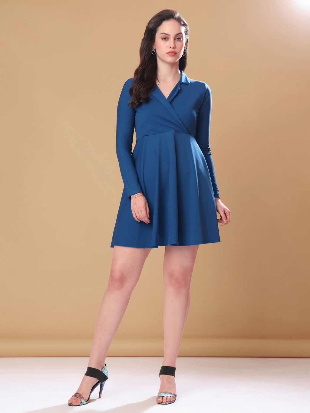 Women's Full Sleeve Fit & Flared Teal Dress