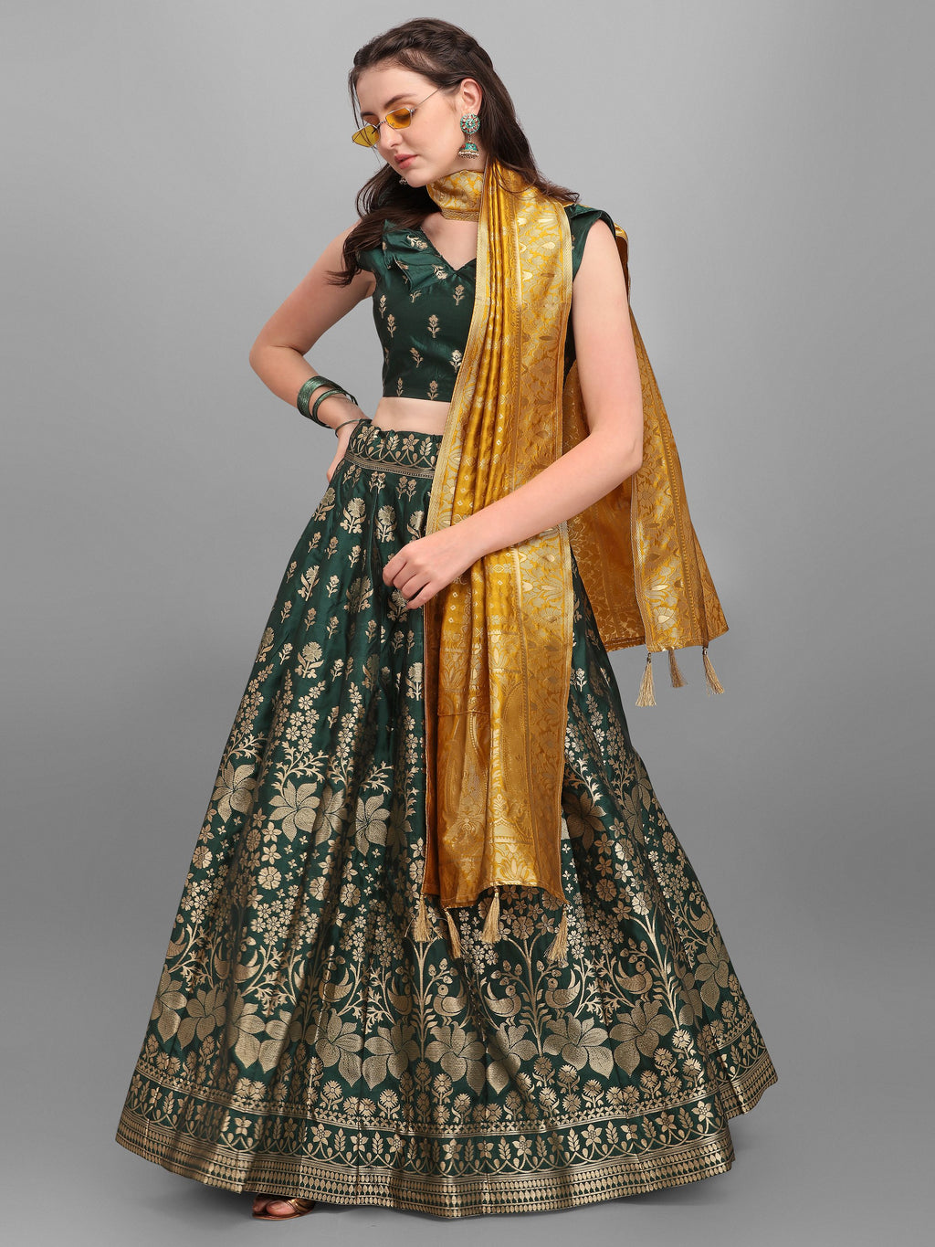 Women Dark Green Printed Lehenga