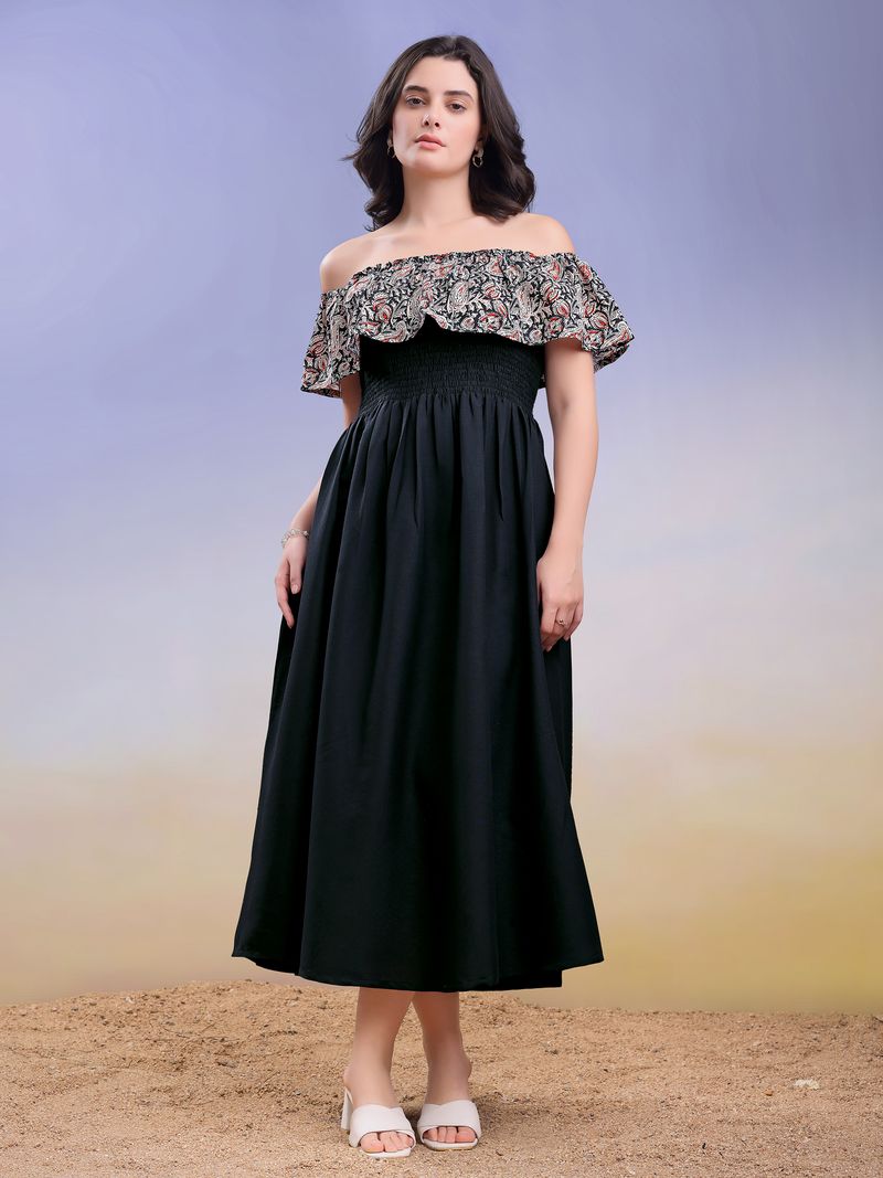 Women's Black Solid Off Shoulder Sleeveless Dress