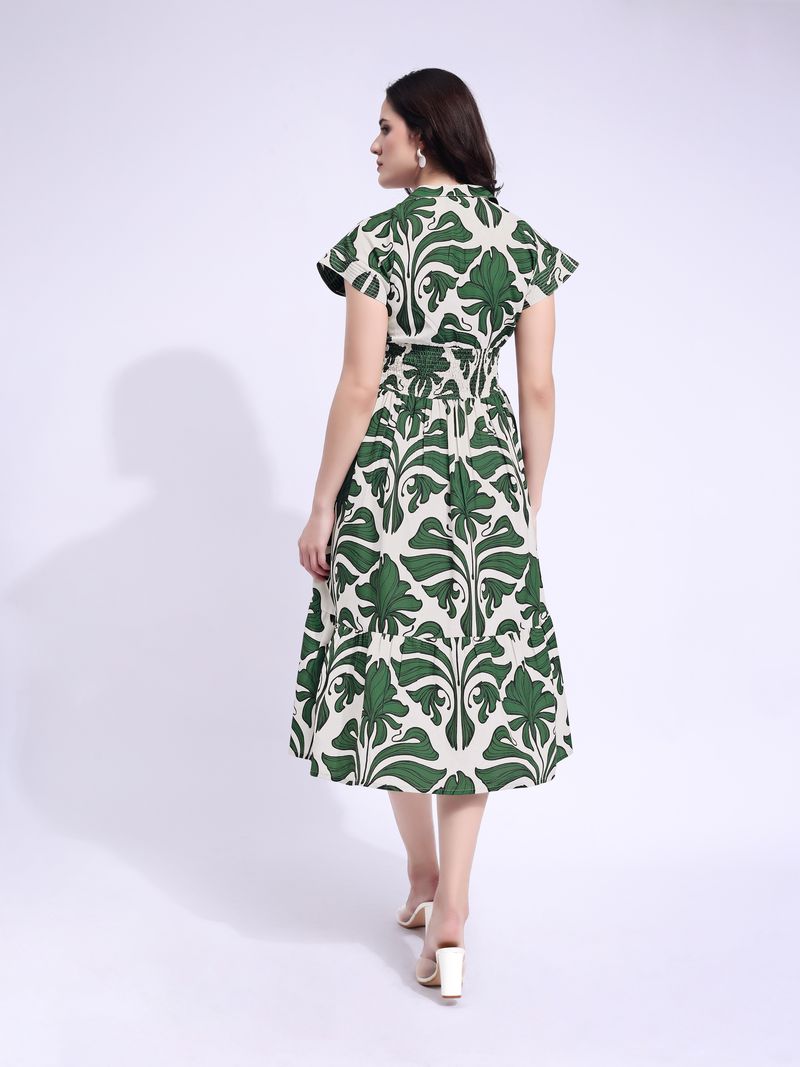 Women's Green Fit & Flared Midi Cap Sleeve Dress