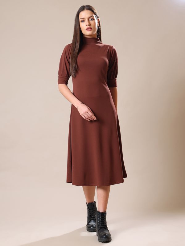 Women's A-Line Elbow Sleeve Brown Dress