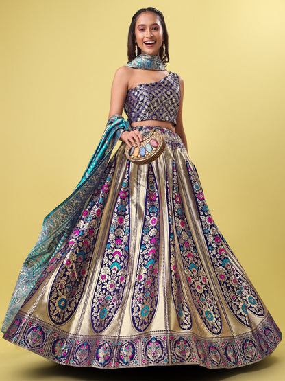 Women Blue Floral Print Lehenga