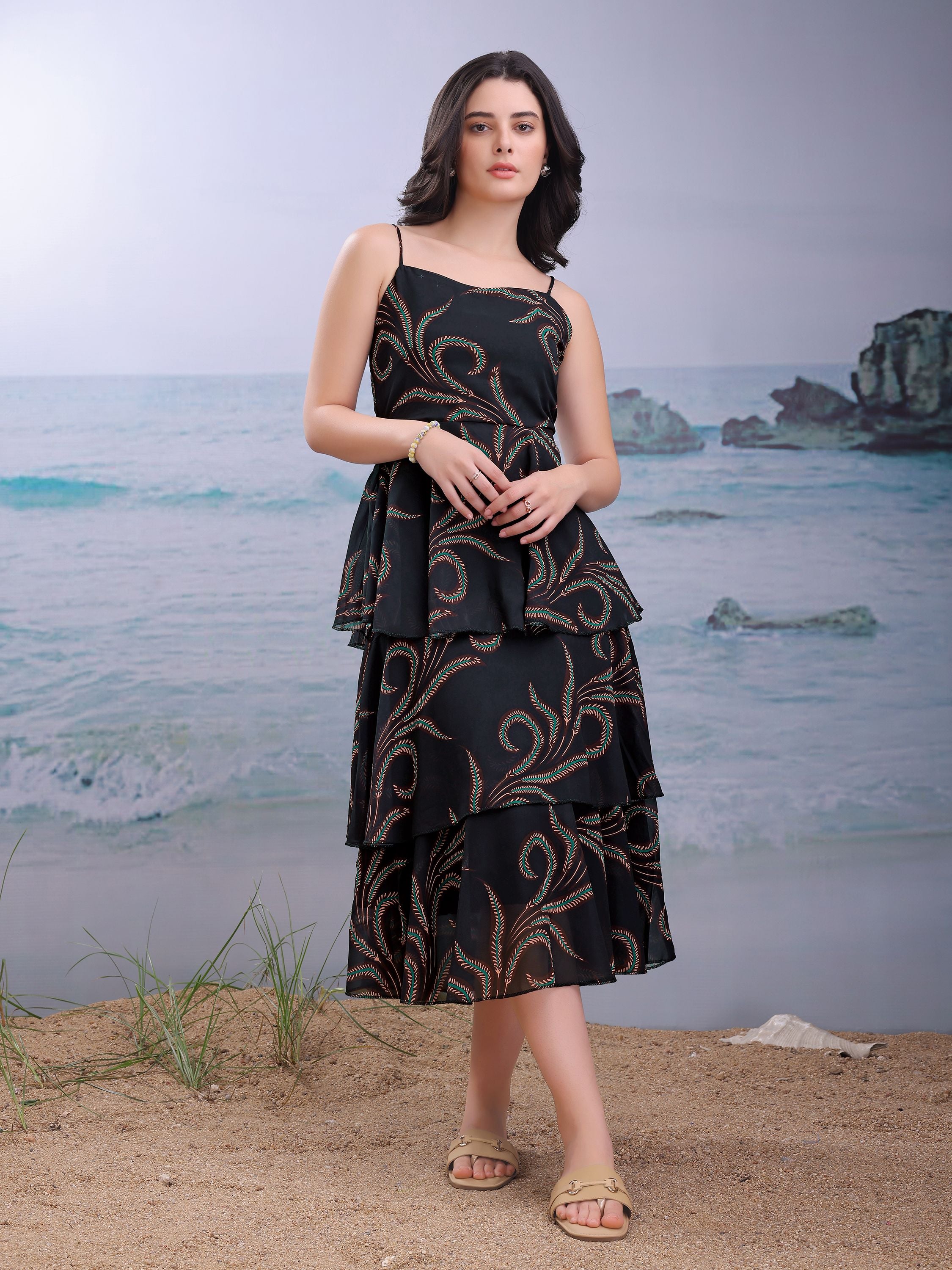 Women Black Casual Midi/Calf Length Layered Dress