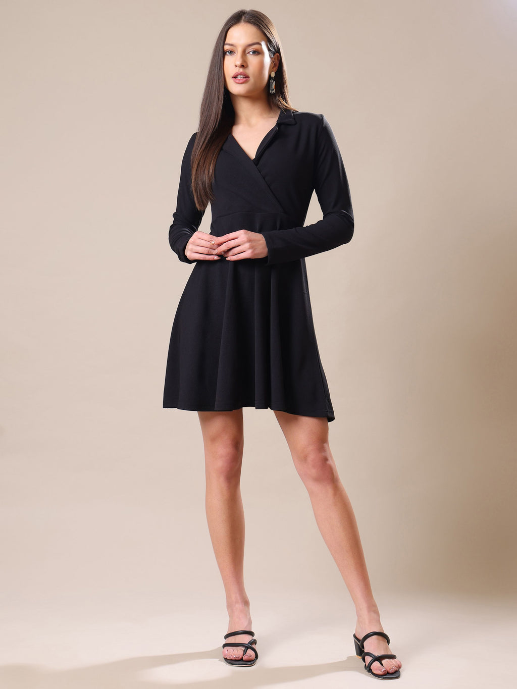 Women's Full Sleeve Fit & Flared Black Dress