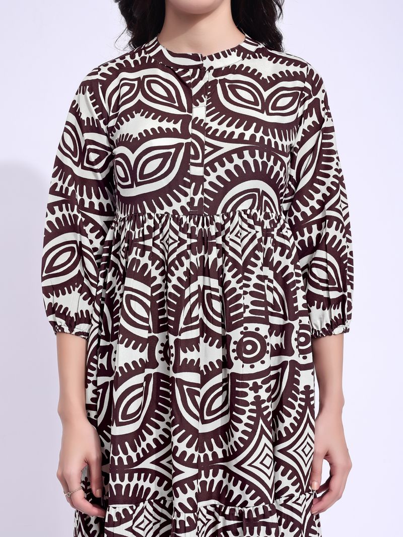 Women's Beige Fit & Flared Midi Puff Sleeve Dress