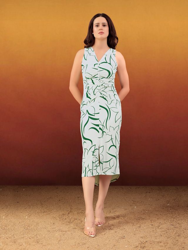 Women's Green Printed Midi  Sleeveless Dress