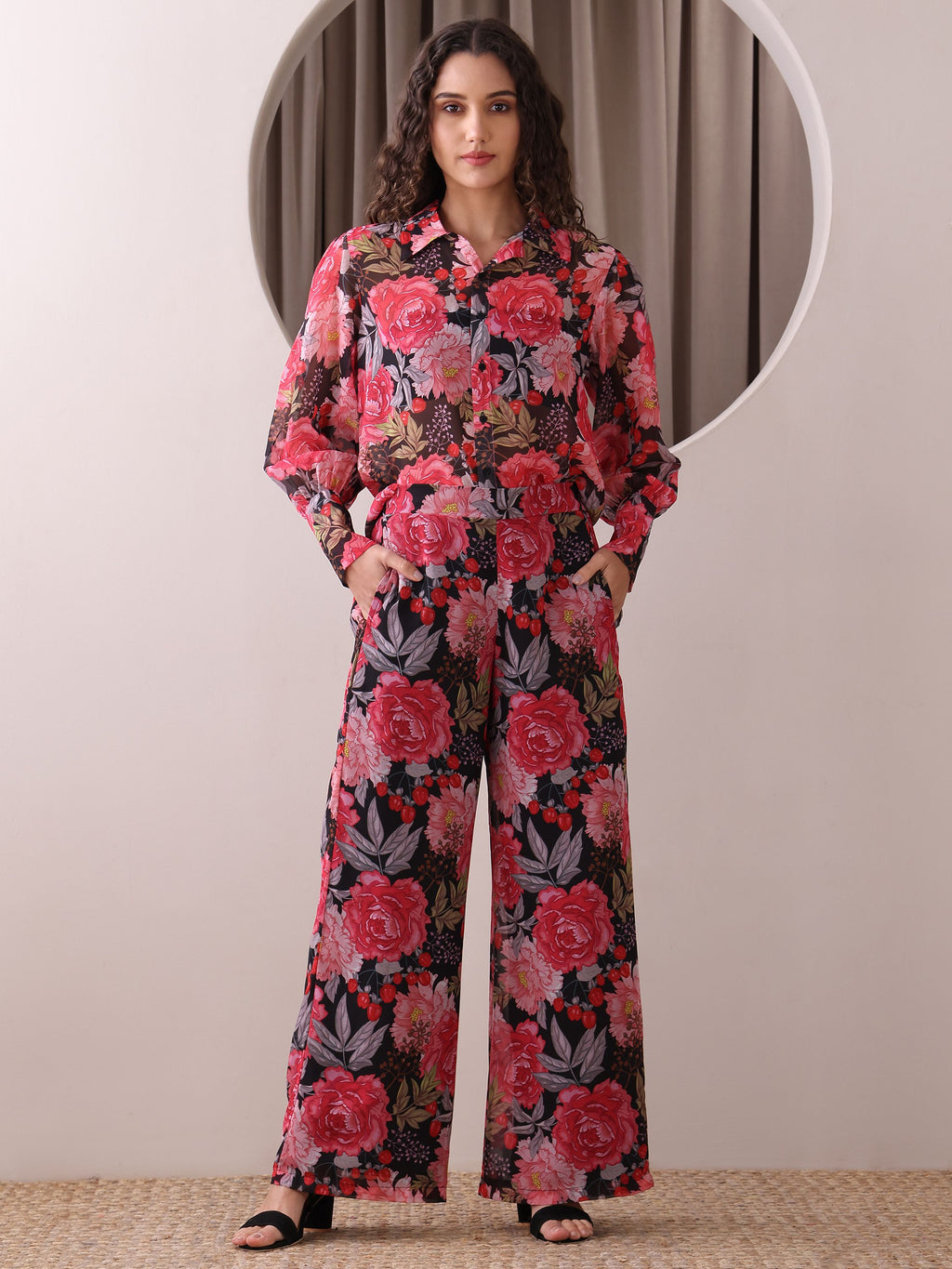 Women's Red Full Sleeve Collar Neck Shirt Top & Trousers Sets