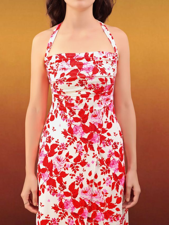 Women's Pink Printed Midi  Sleeveless Dress