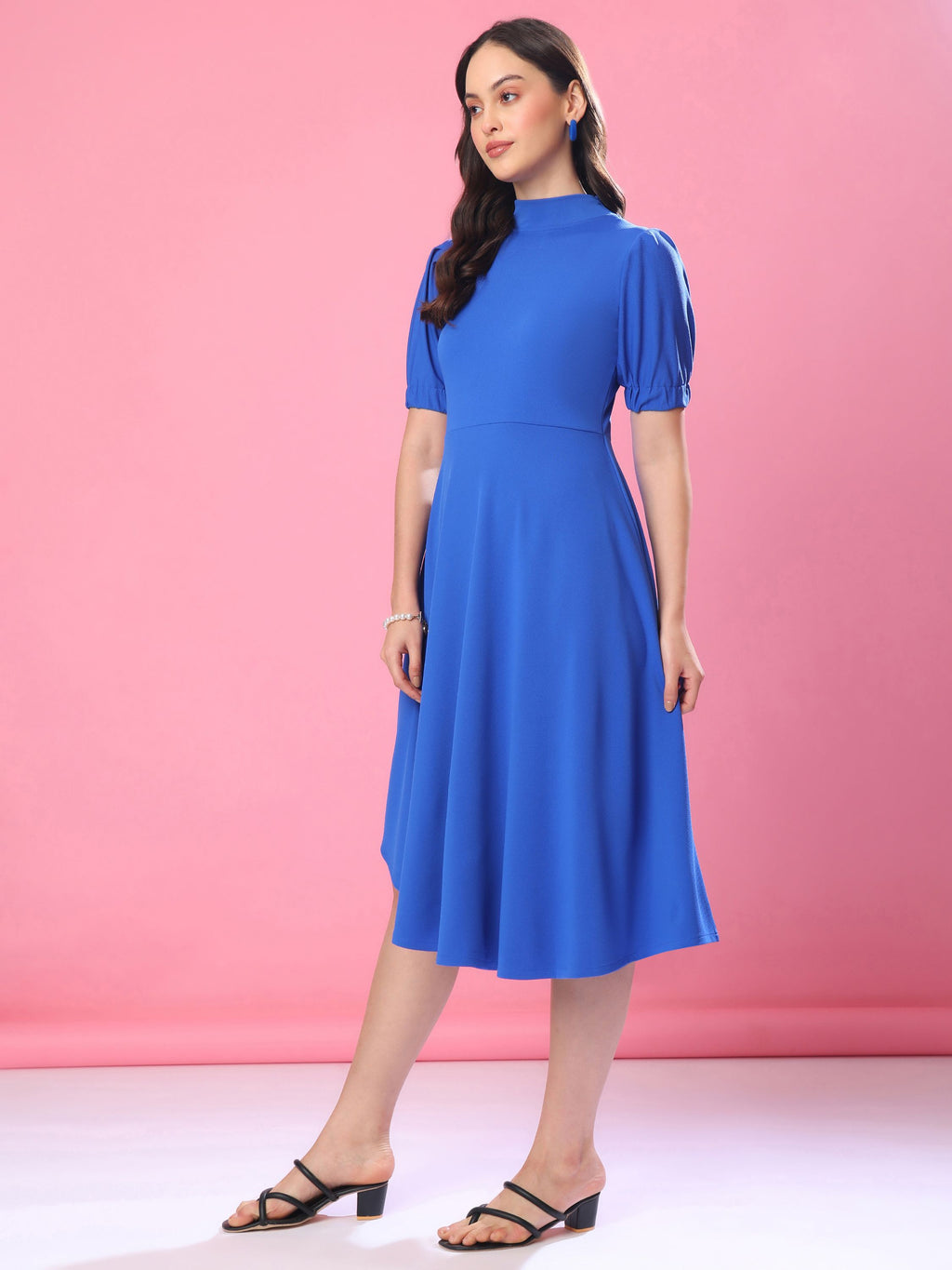 Women's Knee Length Flared Blue Dress