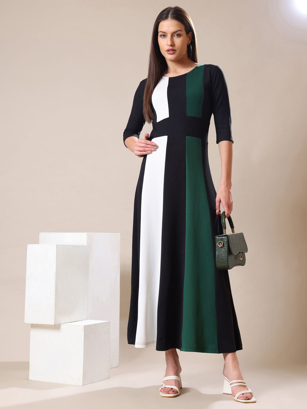 Women's Ankle Length Round Neck Green Dress