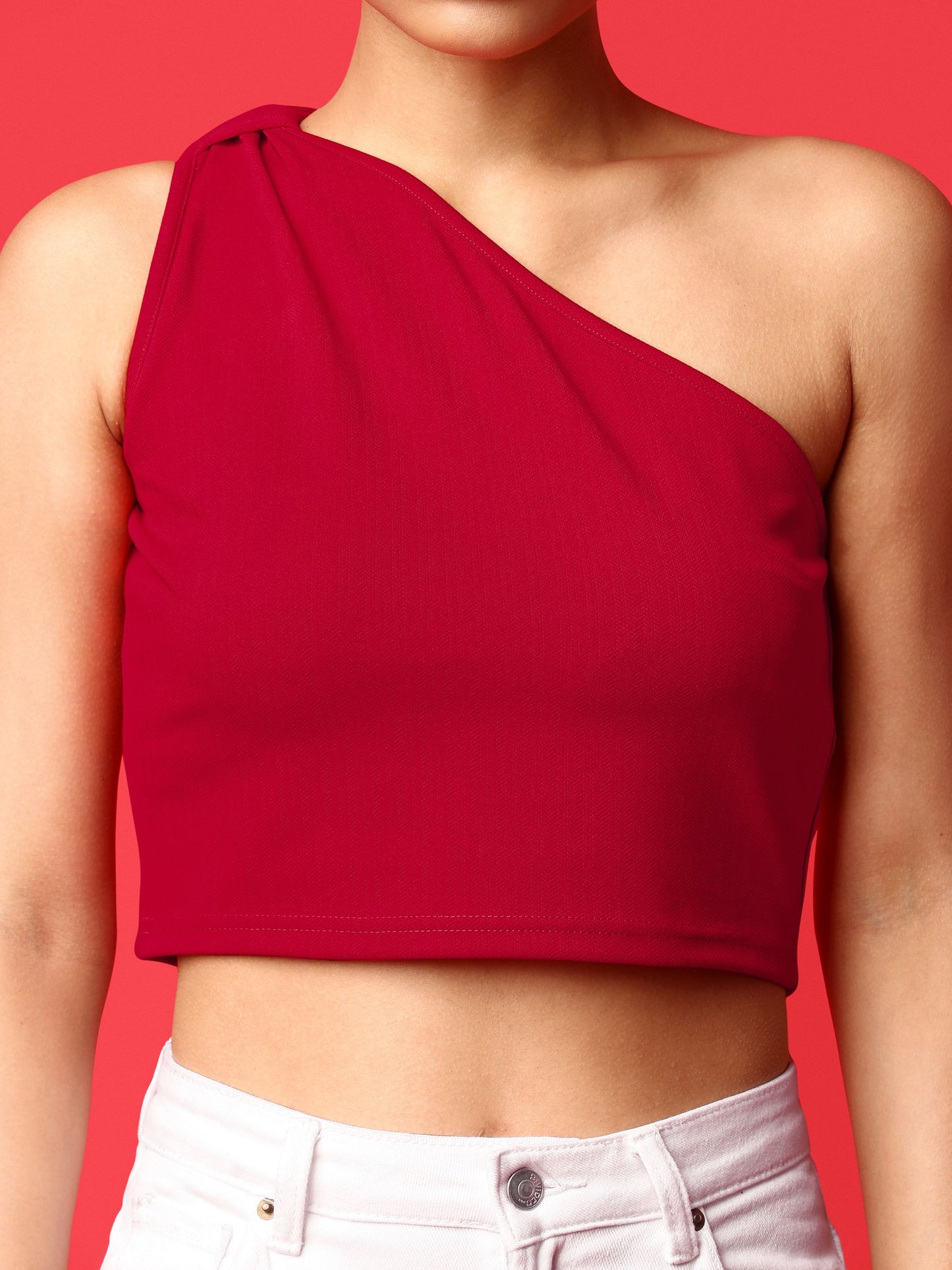 Red Asymmetric Neck Crop Top