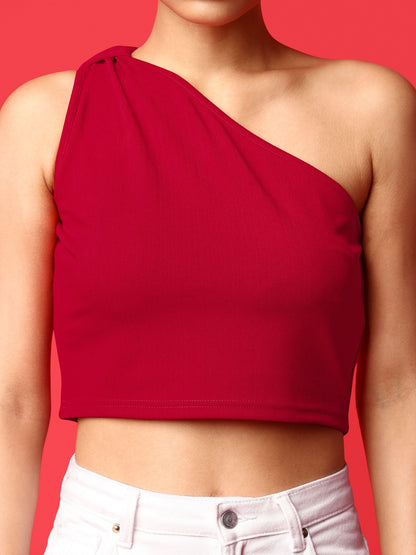 Red Asymmetric Neck Crop Top