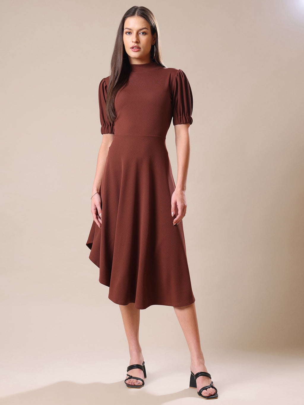 Women's Knee Length Flared Brown Dress