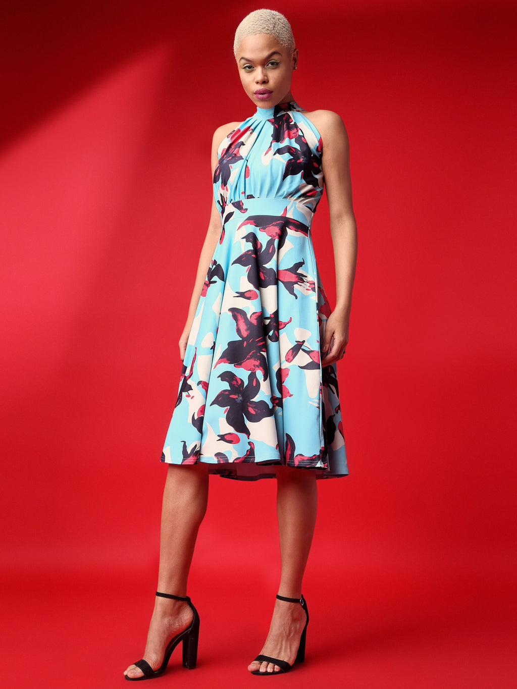 Women Blue Fit & Flare Floral Print Dress