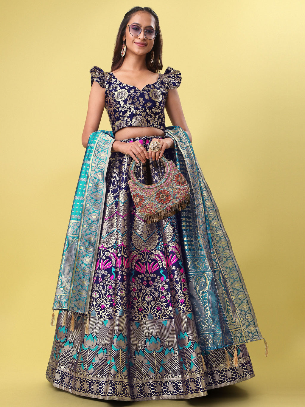 Women Blue Jacquard Lehenga