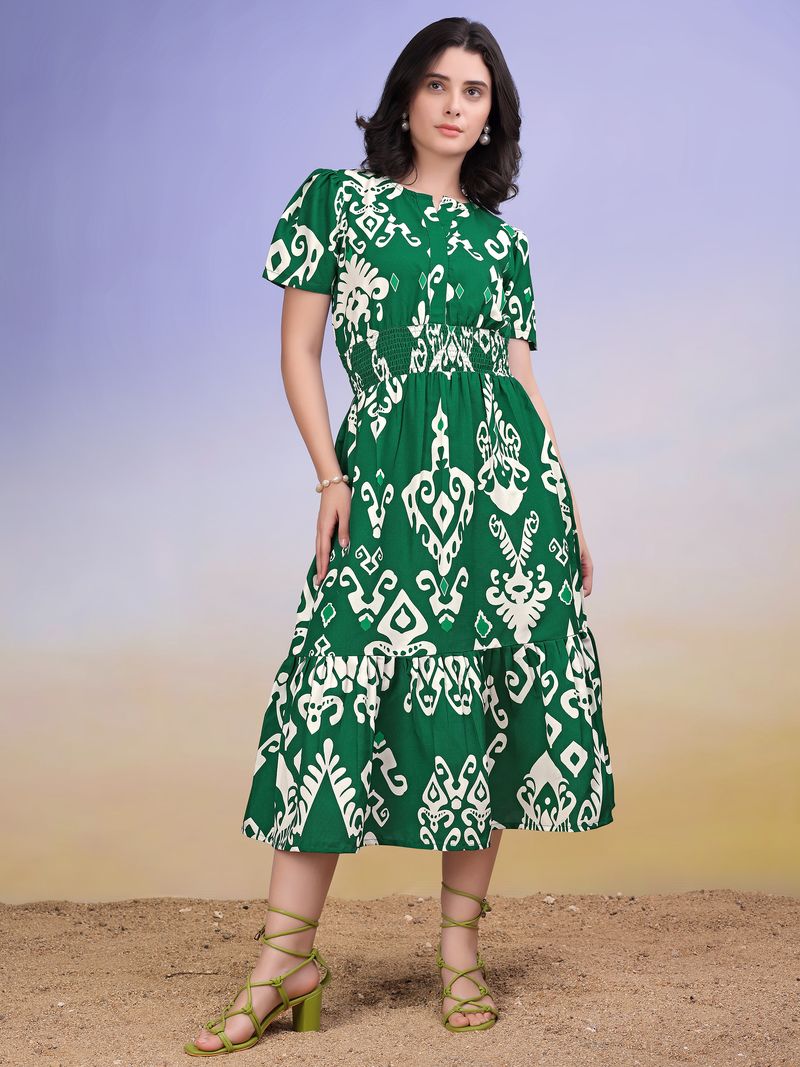 Women's Green Printed Fit & Flared Short Sleeve Dress