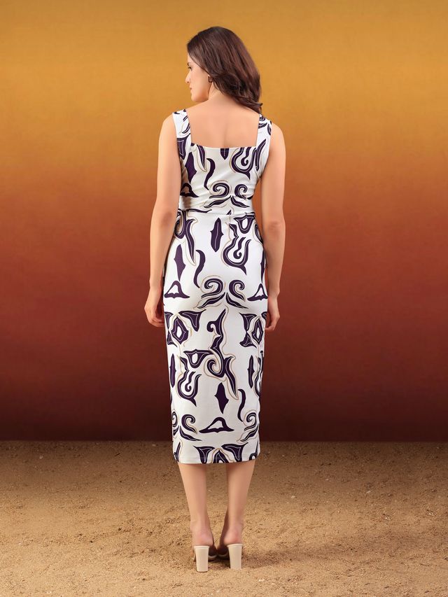 Women's Off White Printed Midi Sleeveless Dress