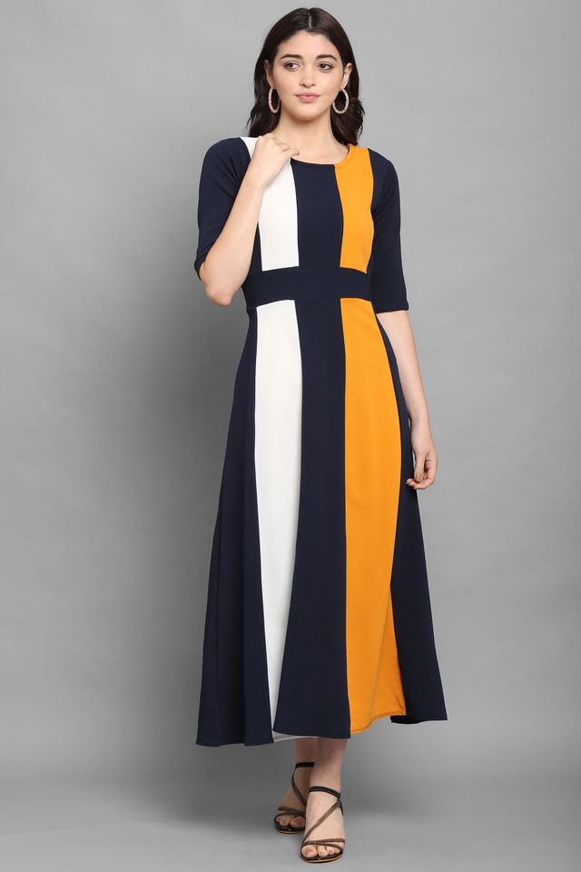 Women Yellow & Blue Fit & Flare dress