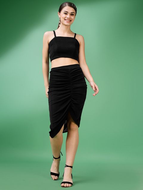 Women Black Bodycon Ruched Co-ords