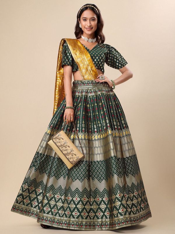 Zari Work Woven Motifs Dark Green Lehenga choli