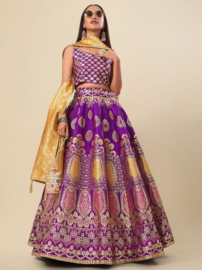 Woven Design Wine Semi-Stitched Lehenga Choli