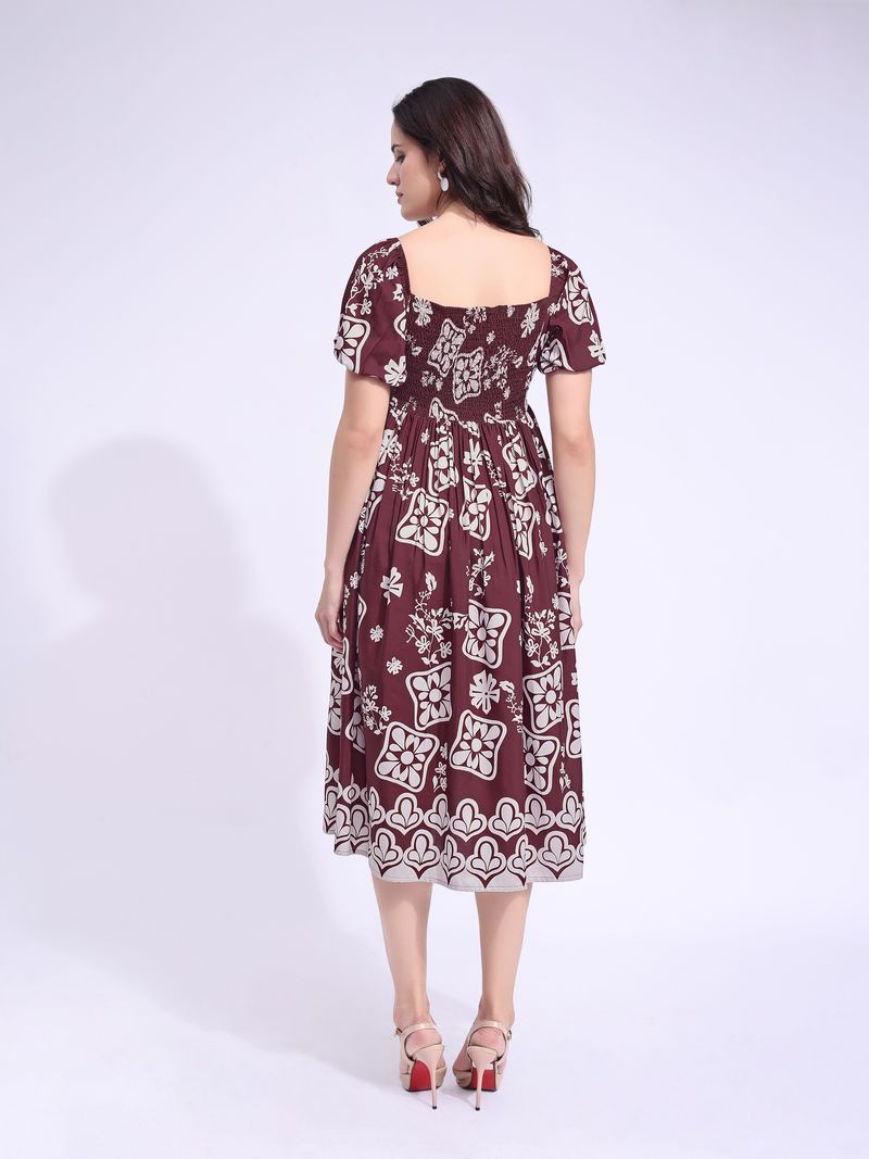 Women's Maroon Midi Short Sleeve Dress