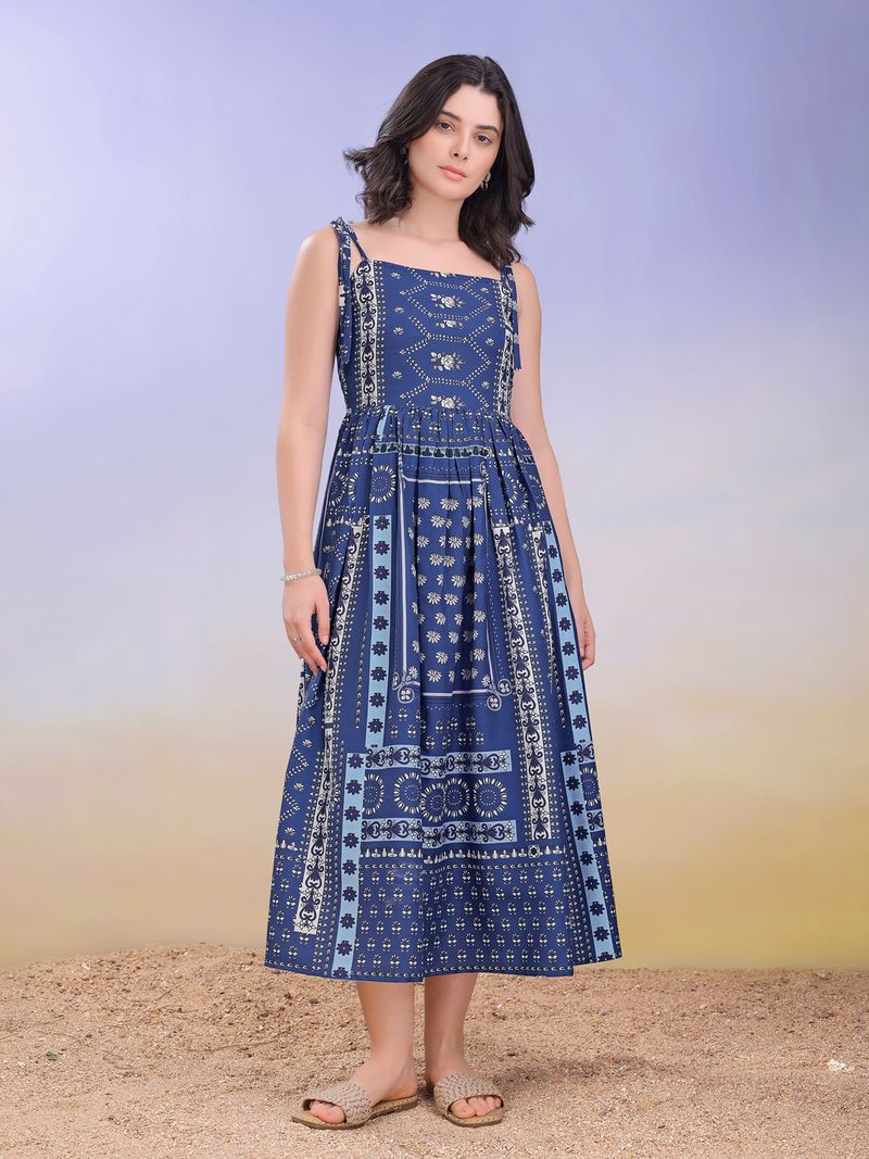 Women's Printed Fit and Flare Square Sleeveless Blue Dress