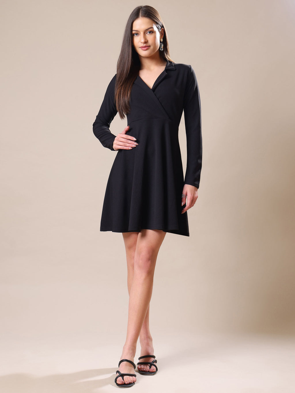 Women's Full Sleeve Fit & Flared Black Dress