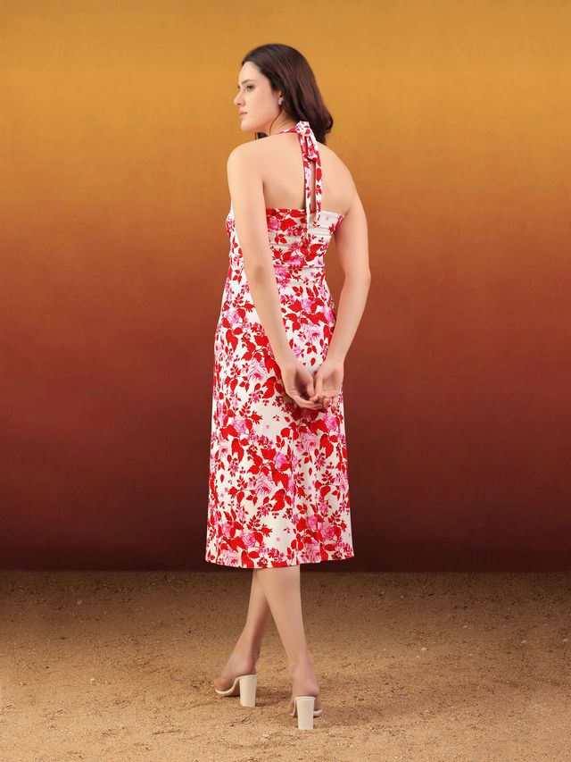 Women's Pink Printed Midi  Sleeveless Dress