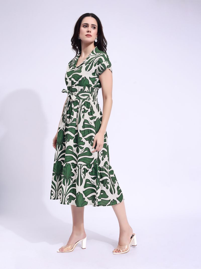 Women's Green Fit & Flared Midi Cap Sleeve Dress