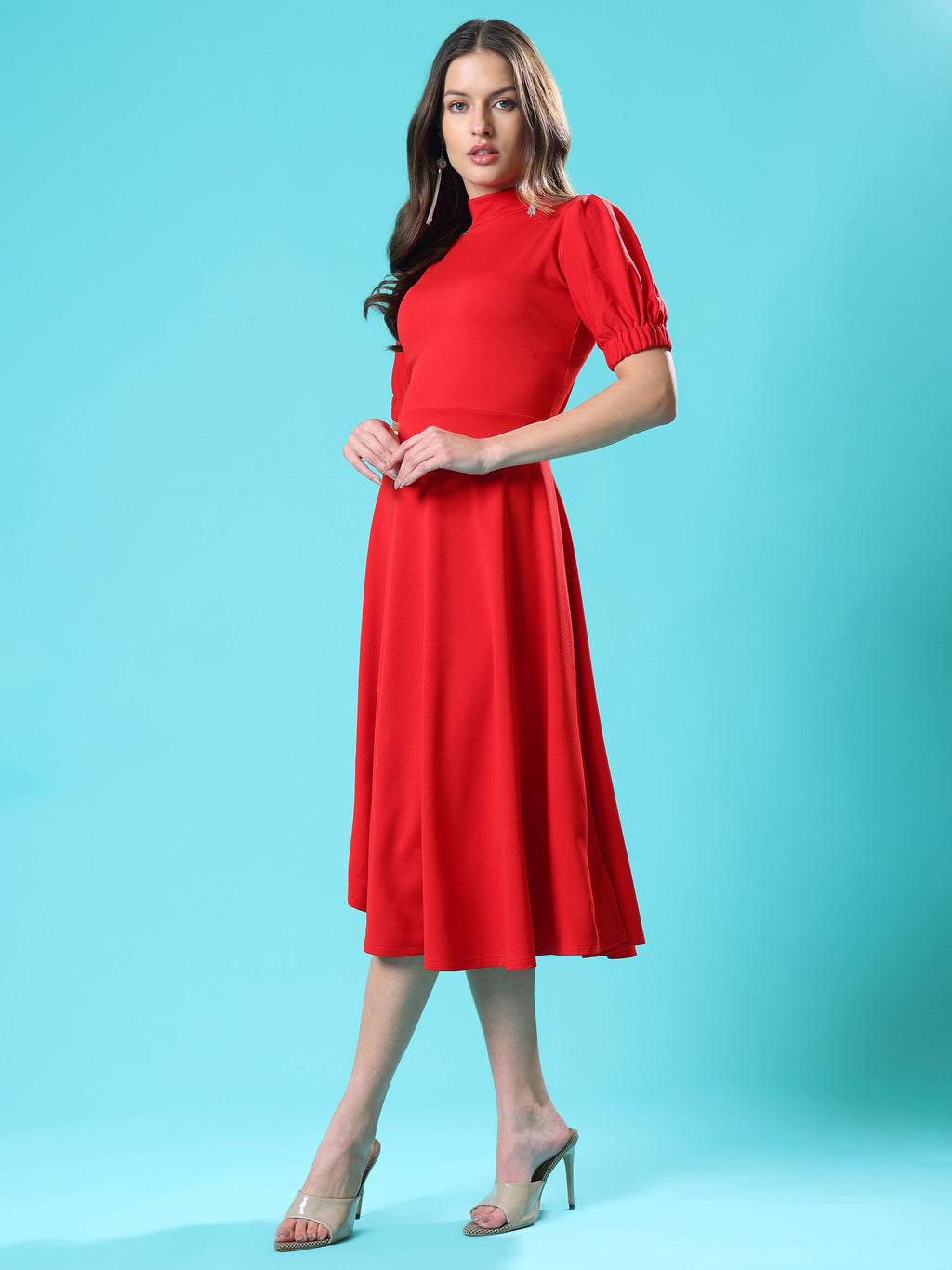 Women's Knee Length Flared Red Dress