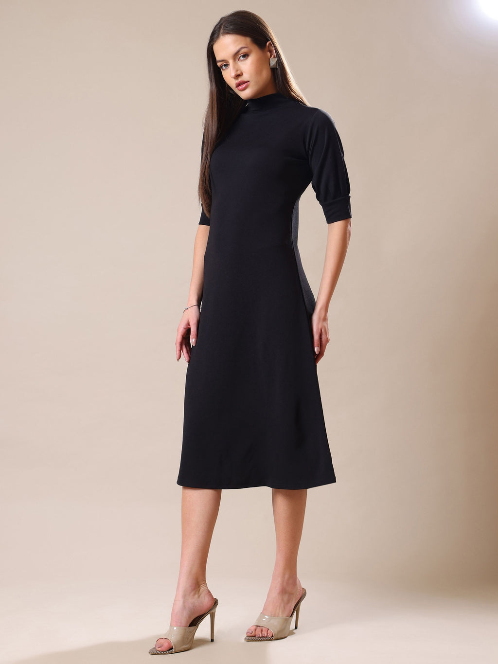 Women's A-Line Elbow Sleeve Black Dress