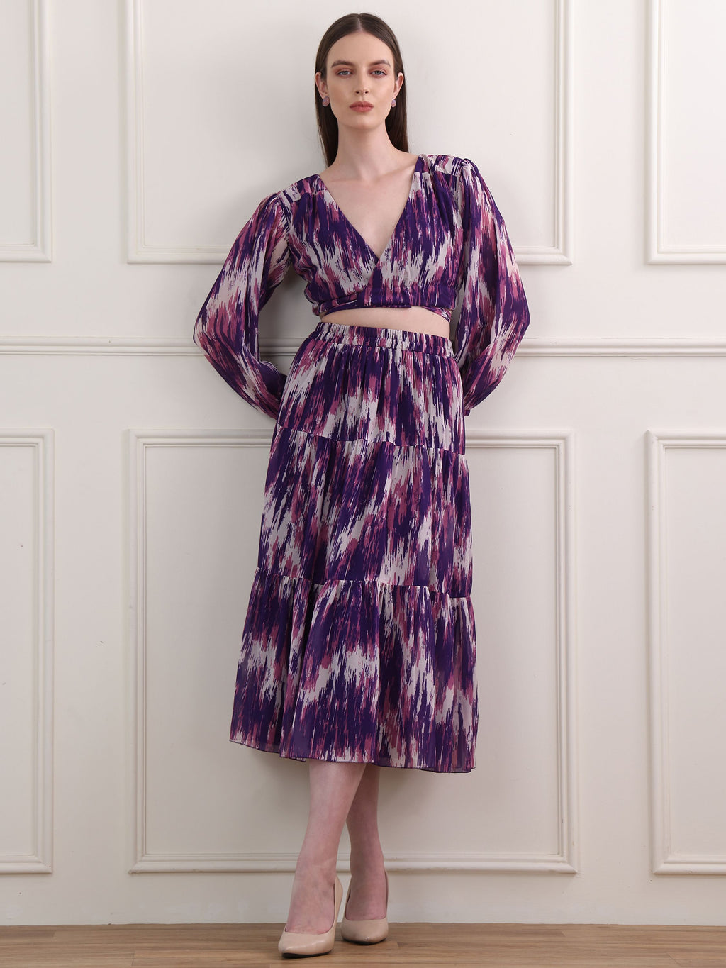 Women's Purple Stylish Puff Sleeve Top & Skirt Sets