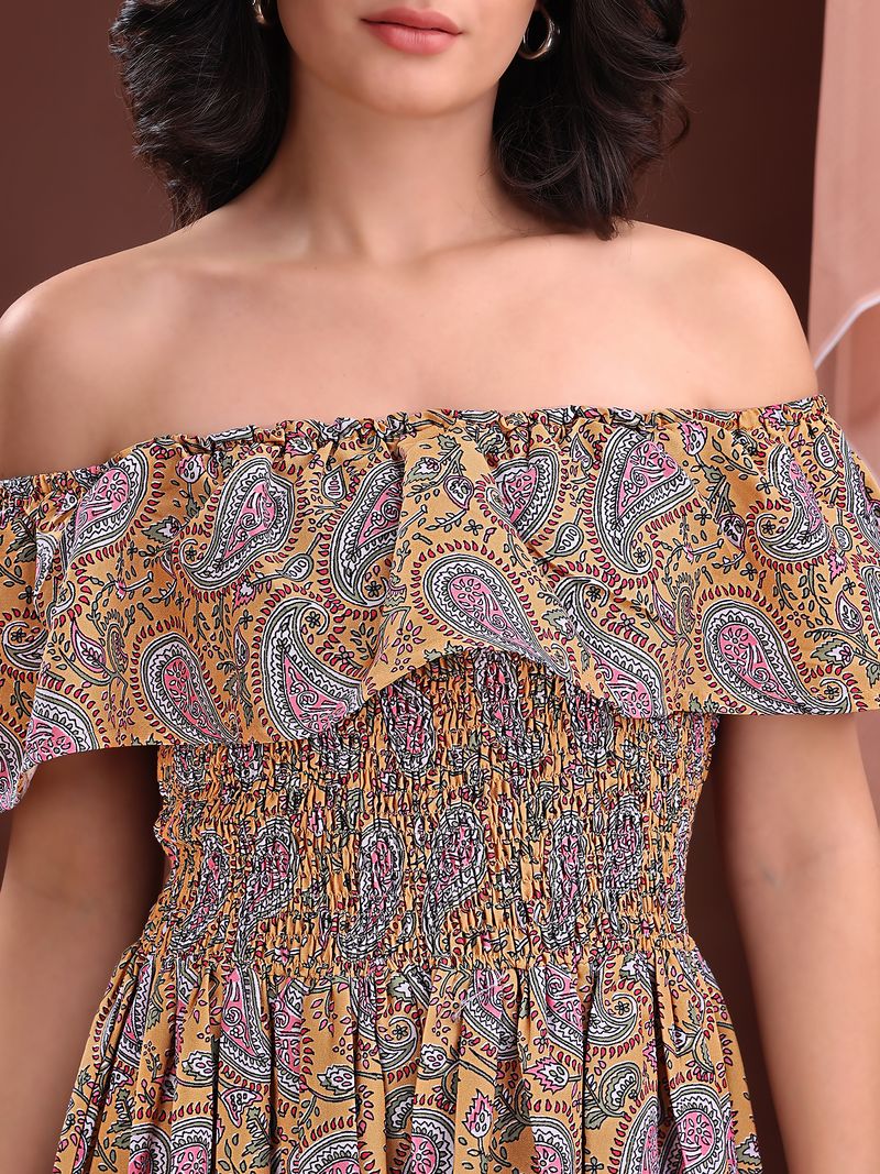 Women's Yellow Printed Off Shoulder Midi Sleeveless Dress