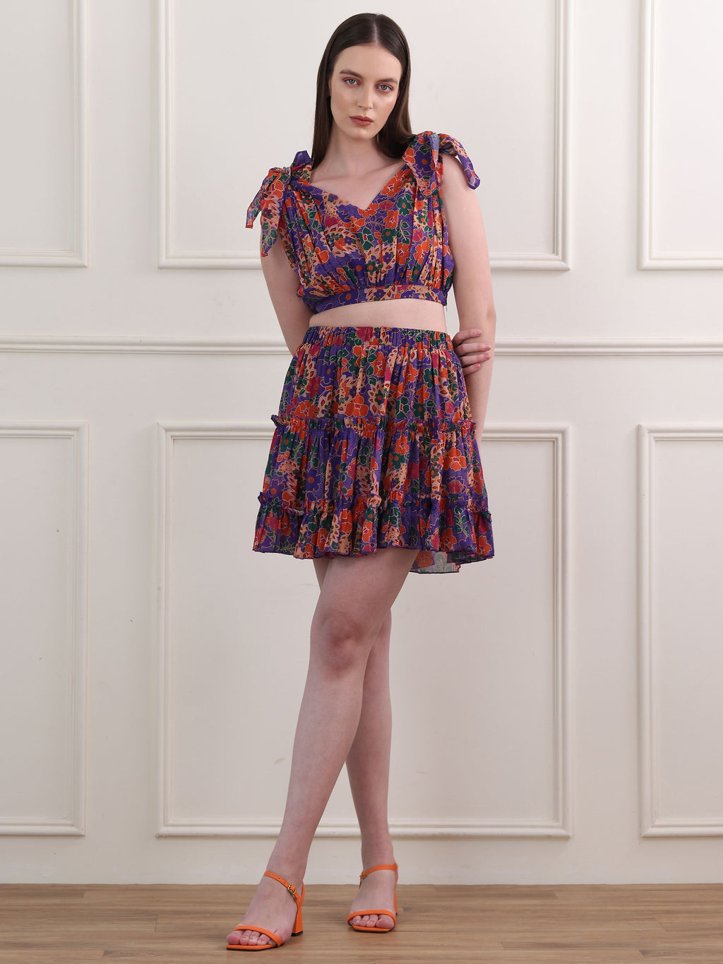 Women's Purple Sleeveless V-Neck Top & Skirt Sets