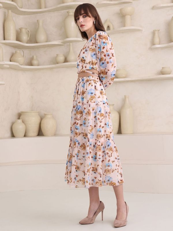 Women's Beige Stylish Puff Sleeve Top & Skirt Sets