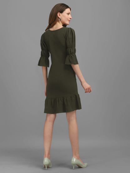 Dark-Olive  Puff Sleeve Bodycon Dress