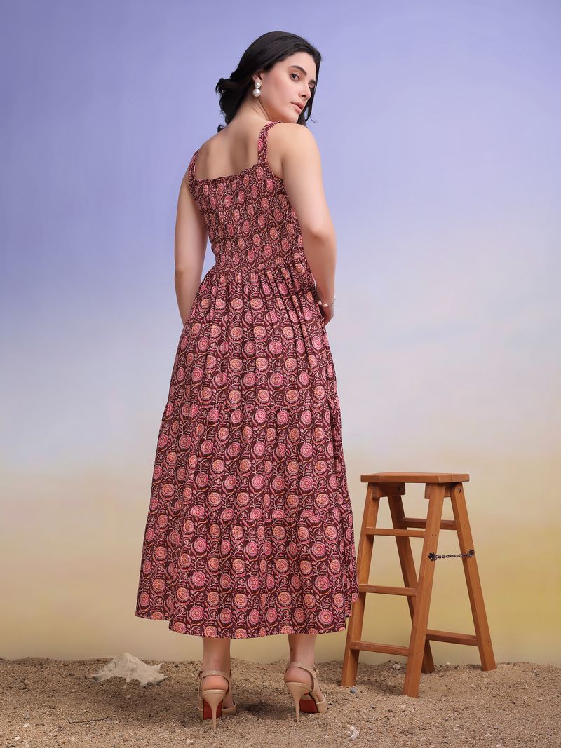 Women's Maroon Printed Sleeveless Maxi Dress