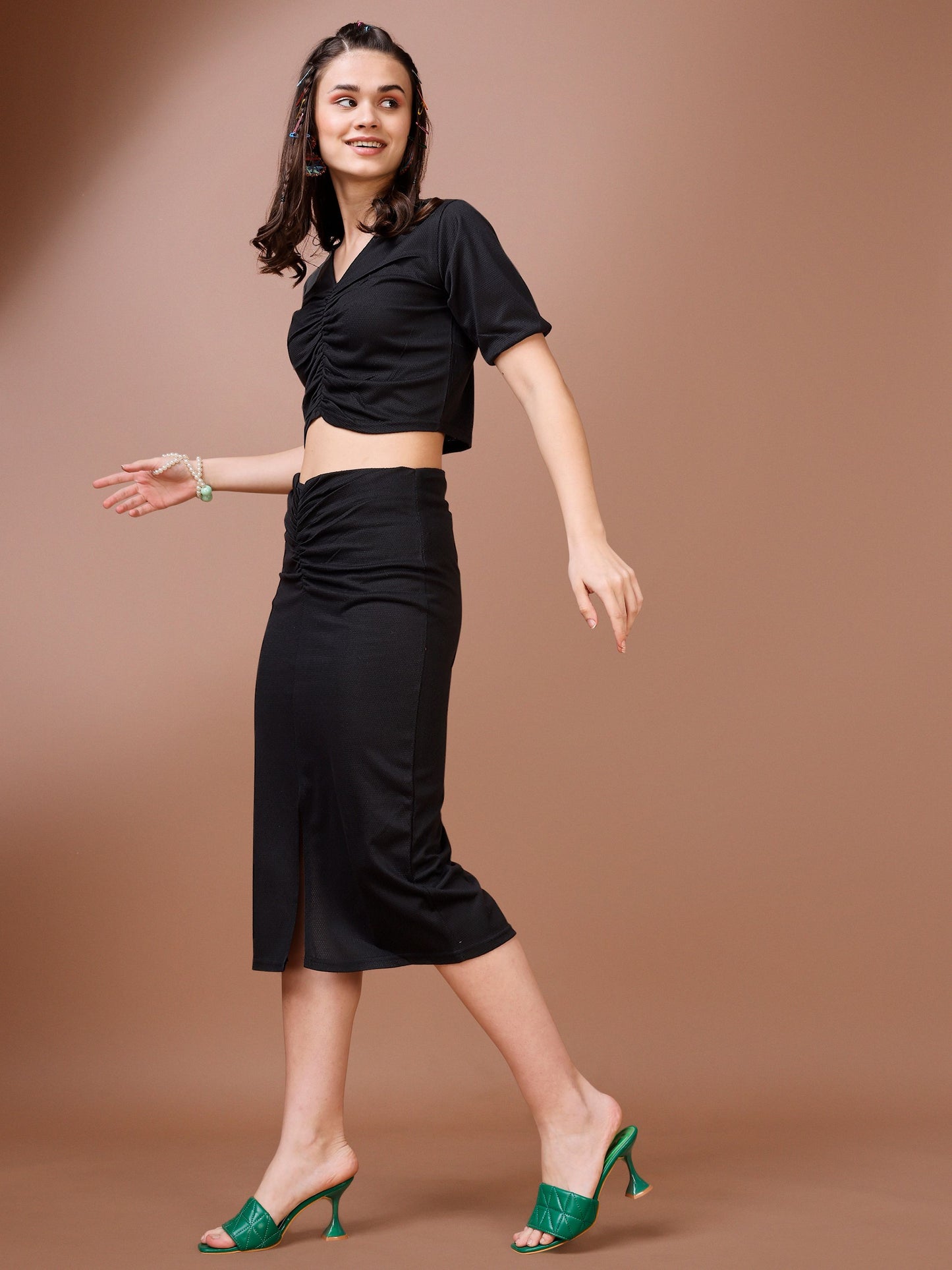 Women Black V-Neck Top & Skirt Co-ords