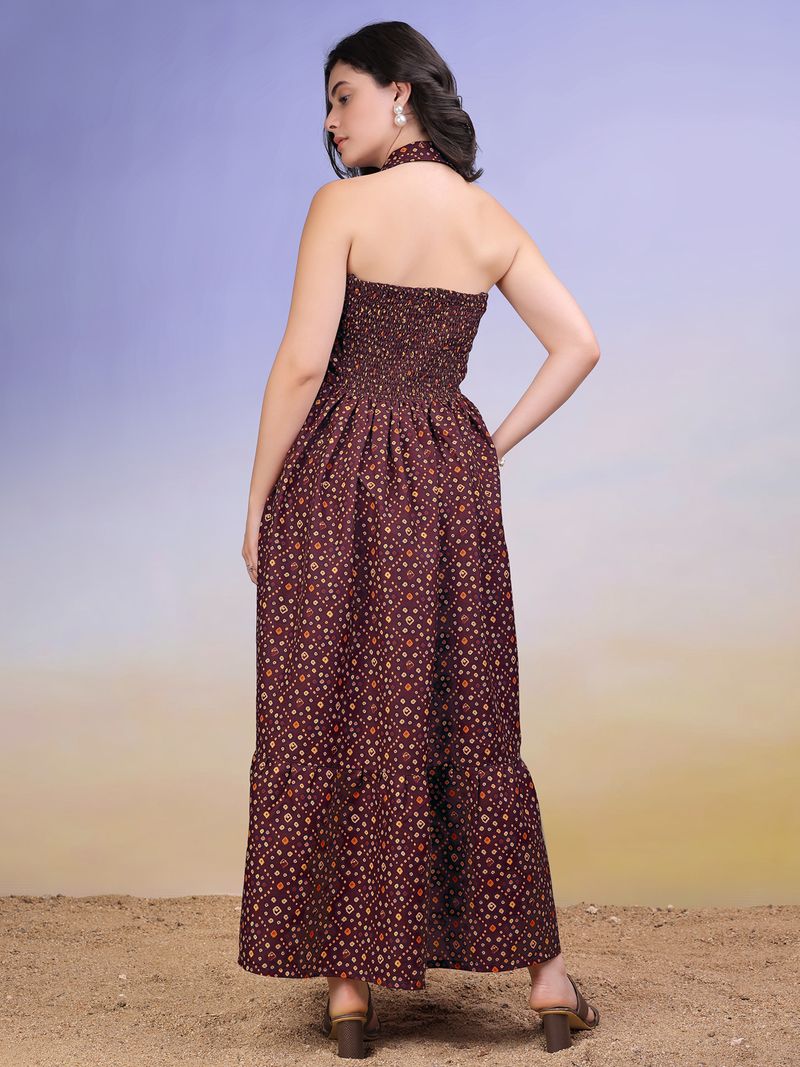 Women's Printed Fit and Flare Maxi Brown Dress