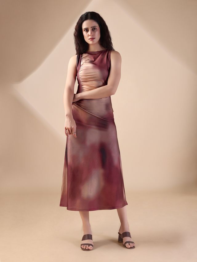 Women's Brown Printed Maxi  Sleeveless Dress