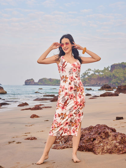 Flower Print  White Bodycon Dress