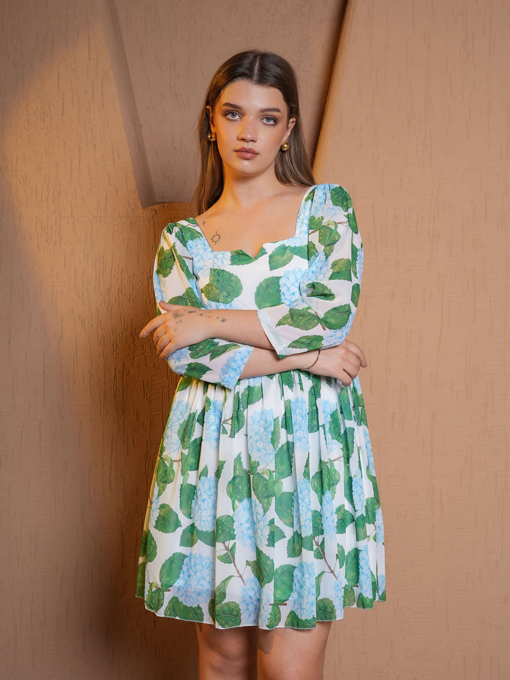 Women Green Mini Puff Sleeve Dress