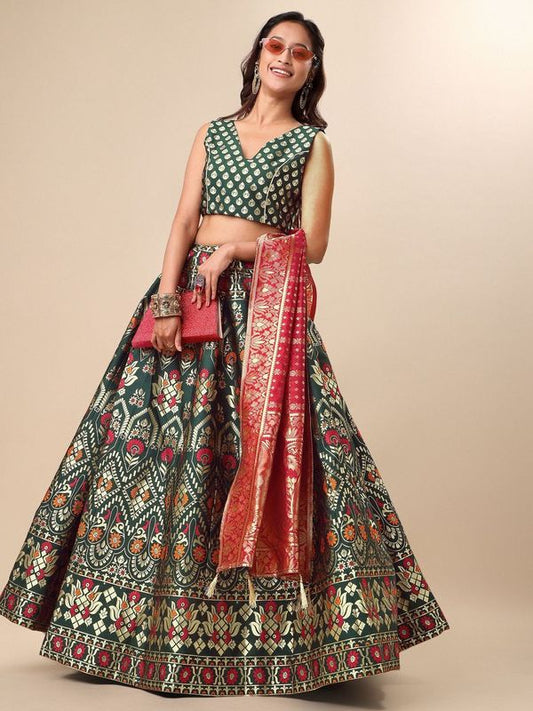 Women Green Floral Print Lehenga