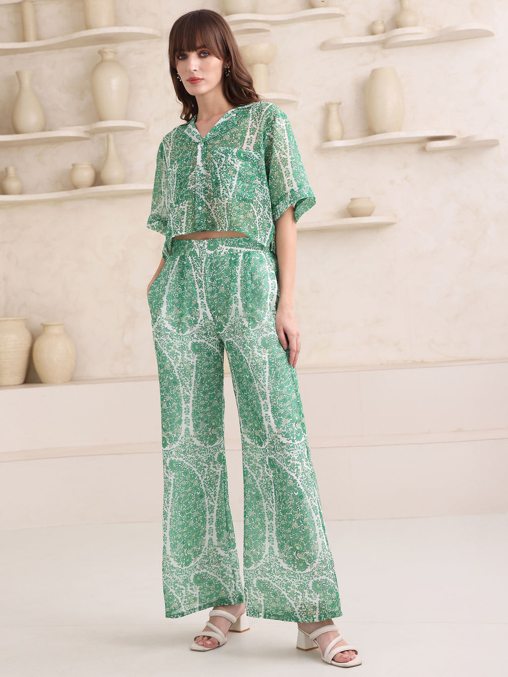 Women's Green Half  Sleeve Top & Trousers  Co-Ords Sets