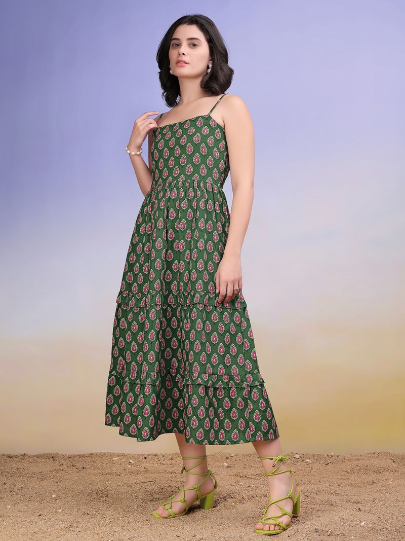 Women's Printed Flare Maxi Green Dress