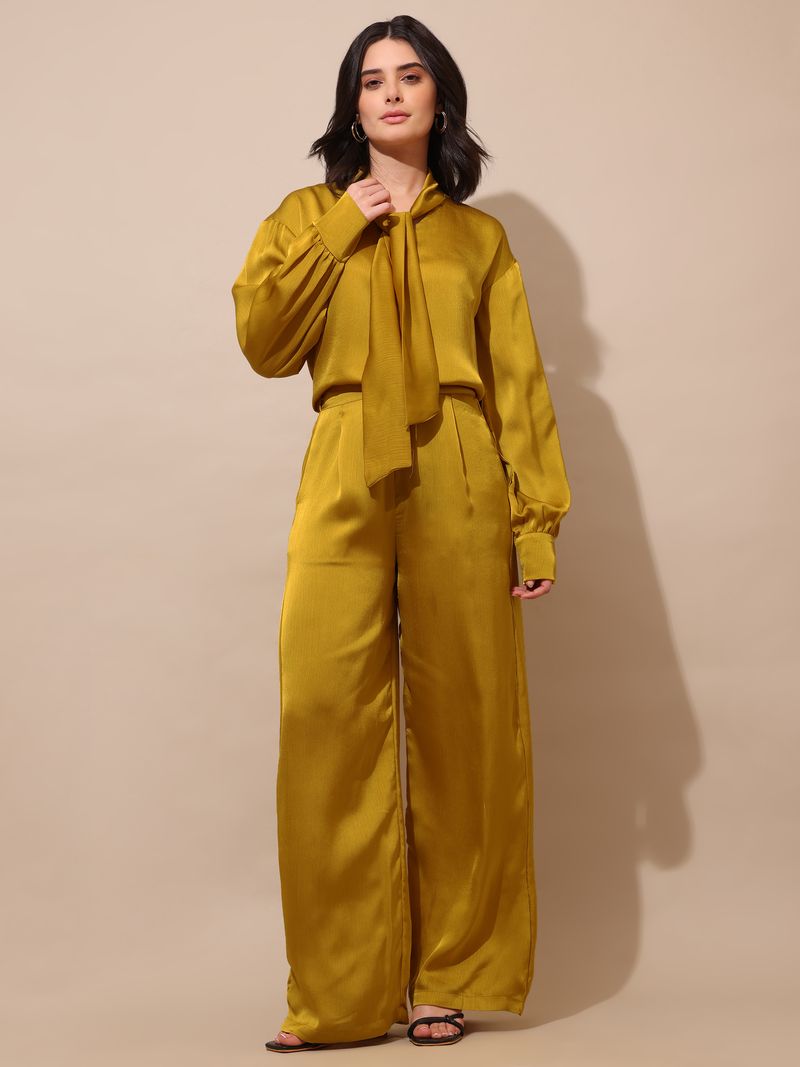 Women's Yellow Solid Silk Blend Tie-Up Stylized Co-Ords